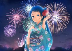 Rule 34 | 1girl, alternate costume, blue eyes, blue hair, blush, closed mouth, commentary request, festival, fireworks, floral print, flower, gradient hair, hair between eyes, hair flower, hair ornament, hand on own chest, hand up, japanese clothes, kantai collection, kimono, long hair, looking at viewer, multicolored hair, night, night sky, oge (ogeogeoge), samidare (kancolle), sky, smile, solo, standing, swept bangs, very long hair, yukata