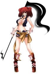 Rule 34 | 1girl, alternate costume, alternate weapon, aoshima, breasts, cleavage, female focus, hair bobbles, hair ornament, large breasts, onozuka komachi, red eyes, red hair, scythe, short hair, solo, touhou, twintails, two side up, weapon