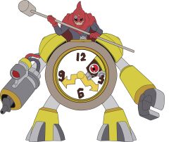 Rule 34 | 1boy, clock, clockmon, digimon, digimon (creature), hammer, highres, male focus, red eyes, solo