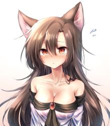 Rule 34 | 1girl, absurdres, animal ears, bad id, bad pixiv id, bare shoulders, blush, breasts, brooch, brown hair, cleavage, collarbone, commentary request, dress, flying sweatdrops, hair between eyes, highres, imaizumi kagerou, jewelry, long hair, long sleeves, looking at viewer, medium breasts, off-shoulder dress, off shoulder, pudding (skymint 028), red eyes, revision, simple background, solo, touhou, white background, white dress, wolf ears