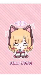 Rule 34 | 1girl, :&gt;, ^^^, animal ear headphones, animal ears, black skirt, blonde hair, blue archive, blue necktie, blush stickers, bow, chibi, collared shirt, diagonal stripes, fake animal ears, full body, hair bow, halo, headphones, highres, jacket, long hair, long sleeves, looking at viewer, momoi (blue archive), necktie, off shoulder, outline, pink background, pink footwear, pleated skirt, red bow, seno (senohime), shirt, shoes, sidelocks, sitting, skirt, sleeves past fingers, sleeves past wrists, solo, striped, striped background, suspender skirt, suspenders, triangle mouth, v-shaped eyebrows, white jacket, white outline, white shirt, wide oval eyes, wide sleeves