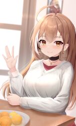 Rule 34 | 1girl, absurdres, ahoge, berry, black choker, blurry, blurry background, blush, breasts, brown eyes, brown hair, choker, closed mouth, collarbone, crossed bangs, double-parted bangs, earrings, food, food-themed earrings, fruit, gi end, hair between eyes, highres, hololive, hololive english, indoors, jewelry, kotatsu, leaf earrings, long hair, long sleeves, looking at viewer, medium breasts, multicolored hair, nanashi mumei, nanashi mumei (casual), necklace, official alternate costume, orange (fruit), photo (object), plate, portrait (object), red shirt, ribbed sweater, runes, shirt, smile, streaked hair, sweater, table, upper body, v-neck, very long hair, virtual youtuber, waving, white hair, white sweater, window