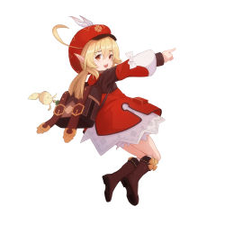 Rule 34 | 1girl, :d, absurdres, ahoge, backpack, bag, bag charm, blonde hair, boots, brown footwear, brown gloves, cabbie hat, charm (object), clover print, coat, commentary request, dodoco (genshin impact), full body, genshin impact, gloves, hair between eyes, hat, hat feather, hat ornament, highres, kaishin (1317732685), klee (genshin impact), knee boots, kneehighs, long hair, long sleeves, looking at viewer, low twintails, open mouth, pocket, pointing, pointy ears, randoseru, red coat, red eyes, red hat, sidelocks, simple background, smile, socks, solo, twintails, white background