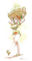 Rule 34 | 1girl, basket, bow, carrying, commentary, dress, english commentary, flipped hair, food, fruit, full body, green dress, green eyes, hair bow, highres, on head, original, sandals, short hair, solo, striped, vertical stripes, walking, watermark, watermelon, web address, xaxaxa