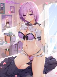 Rule 34 | 1girl, alternate costume, armor, armored dress, bare shoulders, black pantyhose, bra, breasts, chair, cleavage, clothing cutout, commentary request, cqingwei, fate/grand order, fate (series), frills, gift, hair over one eye, highres, indoors, kneeling, leotard, mash kyrielight, merry christmas, navel, on bed, panties, pantyhose, photo (object), pink bra, pink eyes, playboy bunny, purple skirt, red ribbon, ribbon, shirt, skirt, unworn skirt, smile, solo, stomach cutout, underwear, white shirt, window