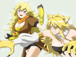 Rule 34 | 10s, 2girls, akame ga kill!, animal ears, blonde hair, breasts, cat ears, claws, crossover, fighting, gauntlets, jacket, kimmy77, large breasts, leone (akame ga kill!), long hair, multiple girls, open mouth, purple eyes, rwby, scarf, simple background, smile, weapon, yang xiao long, yellow eyes