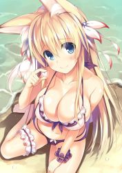 Rule 34 | 1girl, animal ears, bare shoulders, barefoot, beach, bikini, blonde hair, blue eyes, blush, breasts, cleavage, commentary request, fox ears, fox tail, frilled bikini, frills, from above, hair ribbon, konoha (nozomi tsubame), large breasts, long hair, looking at viewer, looking up, navel, nozomi tsubame, ocean, original, outdoors, ribbon, sand, scrunchie, smile, solo, suzuha (nozomi tsubame), swimsuit, tail, thigh strap, water, wrist scrunchie