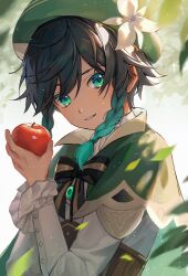 Rule 34 | 1boy, androgynous, apple, aqua eyes, aqua hair, beret, black hair, braid, cape, cecilia flower (genshin impact), collared cape, collared shirt, flower, food, frilled sleeves, frills, fruit, genshin impact, gradient hair, green cape, green hat, hair between eyes, hat, hat flower, highres, holding, holding food, holding fruit, juliet sleeves, leaf, long sleeves, looking at viewer, male focus, multicolored hair, outdoors, parted lips, puffy sleeves, red apple, shirt, short hair with long locks, side braids, smile, solo, twin braids, upper body, venti (genshin impact), white flower, white shirt, xizuchan6