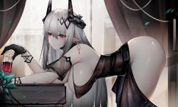 Rule 34 | 1girl, absurdres, arknights, ass, bad id, bad pixiv id, bare shoulders, bent over, binggong asylum, black dress, black gloves, breasts, chinese commentary, closed mouth, commentary, commentary request, covered erect nipples, dress, drink, earrings, flower, from side, gloves, grey hair, hanging breasts, highres, horns, jewelry, large breasts, long hair, mudrock (arknights), mudrock (obsidian) (arknights), official alternate costume, petals, pointy ears, red eyes, revision, solo, thighs