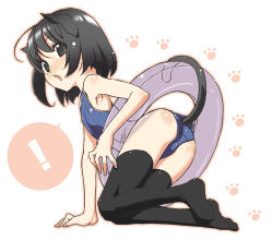 Rule 34 | !, 1girl, all fours, animal ears, armpits, ass, black eyes, black hair, black thighhighs, bob cut, cat ears, cat tail, feet, flat chest, innertube, lowres, one-piece swimsuit, original, paw print, prehensile tail, school swimsuit, short hair, solo, swim ring, swimsuit, tail, takei ooki, thighhighs