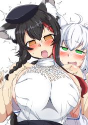 Rule 34 | 2girls, :o, animal ears, blush, braid, braided ponytail, breasts, brown eyes, grabbing, grabbing another&#039;s breast, grabbing from behind, green eyes, hat, highres, hololive, huge breasts, long hair, multicolored hair, multiple girls, ookami mio, open mouth, pointy ears, ponytail, shichuu katsu, shirakami fubuki, simple background, virtual youtuber, white background, white hair, yuri