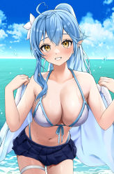 Rule 34 | 1girl, absurdres, ahoge, bikini, blue hair, blue sky, blush, breasts, cleavage, cloud, cowboy shot, day, ear piercing, elf, flower, front-tie bikini top, front-tie top, grin, hair flower, hair ornament, halterneck, heart, heart ahoge, highres, hololive, large breasts, leaning forward, long hair, looking at viewer, miniskirt, navel, ocean, outdoors, piercing, pleated skirt, pointy ears, ponytail, skirt, sky, smile, solo, standing, stomach, swimsuit, tate yukimi, thigh strap, virtual youtuber, white bikini, yellow eyes, yukihana lamy