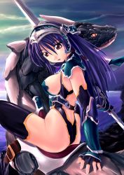 Rule 34 | 1girl, amei sumeru, arm support, armor, ass, ass cutout, back side thighs, black thighhighs, blue hair, breasts, cleavage cutout, clothing cutout, dragon, elbow gloves, fantasy, fingerless gloves, from behind, gloves, helm, helmet, highleg, highres, horns, leather straps, long hair, looking back, outdoors, pink eyes, purple eyes, purple hair, red eyes, revealing clothes, riding, saddle, sideboob, sitting, sky, solo, straddling, sword, thighhighs, water, weapon