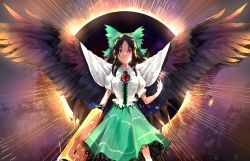 Rule 34 | 1girl, amano kokoko, arm cannon, bird wings, black hair, black hole, black wings, bow, breasts, cape, closed mouth, collared shirt, commentary, emphasis lines, feathered wings, feet out of frame, finger gun, frilled shirt, frilled shirt collar, frilled skirt, frills, green bow, green skirt, hair bow, hand up, highres, large breasts, large wings, light smile, long hair, looking at viewer, parted bangs, puffy short sleeves, puffy sleeves, red eyes, reiuji utsuho, shirt, short sleeves, skirt, solo, spread wings, third eye, touhou, very long hair, weapon, white cape, white shirt, wings