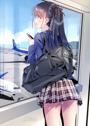 Rule 34 | 1girl, aircraft, airplane, airport, bag, black hair, blazer, blue jacket, blush, brown eyes, commentary request, cowboy shot, dated, day, hair ribbon, hairstyle request, hand up, highres, indoors, jacket, kobayashi chisato, long hair, long sleeves, open mouth, original, panties, pantyshot, plaid, plaid skirt, pleated skirt, pointing, profile, red ribbon, ribbon, school bag, school uniform, sideways mouth, signature, skirt, sleeves past wrists, smile, solo, standing, underwear, white panties, window