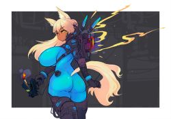 Rule 34 | 1girl, absurdres, animal ear fluff, animal ears, ass, backpack, bag, black gloves, blonde hair, blue bodysuit, bodysuit, breasts, closed mouth, commission, dark-skinned female, dark skin, exoskeleton, from behind, gloves, gun, handgun, highres, holding, holding gun, holding weapon, huge breasts, long hair, looking at viewer, looking back, original, polilla, ponytail, science fiction, solo, standing, tail, thighhighs, thighs, weapon