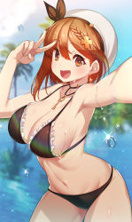 Rule 34 | 1girl, absurdres, atelier (series), atelier ryza, atelier ryza 1, bikini, black bikini, blue sky, blurry, breasts, brown eyes, brown hair, cloud, commentary request, cowboy shot, curvy, day, depth of field, fang, frilled bikini, frills, green322, hair ornament, hairclip, happy, hat, highres, jewelry, key, large breasts, looking at viewer, necklace, outdoors, palm tree, reisalin stout, selfie, shiny skin, short hair, skin fang, sky, smile, solo, swimsuit, thong bikini, tree, v, water, white hat, wide hips