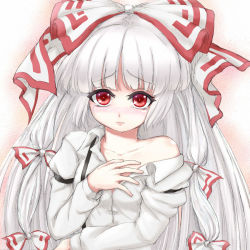 Rule 34 | 1girl, armband, bad id, bad pixiv id, blush, collarbone, crying, crying with eyes open, embarrassed, fujiwara no mokou, gradient background, hair ribbon, hand on own chest, lips, long hair, long sleeves, looking at viewer, off shoulder, open clothes, open shirt, red eyes, ribbon, shirt, simple background, solo, streaming tears, sudako (dai011305), suspenders, tears, touhou, very long hair, white hair