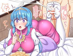 Rule 34 | 1boy, 1girl, ass, bed, bed sheet, blue hair, blush, breasts, censored, clueless, coins, counting, counting money, cum, dress, ejaculation, estpolis denki, feet, feet up, footjob, gem, gold, hairband, huge ass, indoors, jewelry, large breasts, long hair, lufia, lying, merchant, money, necklace, on stomach, open mouth, pendant, penis, pillow, projectile cum, puffy sleeves, purple eyes, soles, surprised, testicles, thighhighs, tia (estpolis denki), yakisobapan tarou &amp; negitoro-ko
