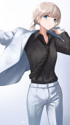 Rule 34 | 1girl, absurdres, black necktie, black shirt, blonde hair, blue eyes, closed mouth, collared shirt, diagonal-striped clothes, diagonal-striped necktie, dress shirt, feet out of frame, formal, gradient background, grey hair, highres, holding, holding clothes, holding jacket, idolmaster, idolmaster shiny colors, jacket, jacket partially removed, long sleeves, looking up, necktie, okano yuuto, pants, serizawa asahi, shirt, short hair, solo, striped clothes, suit, suit jacket, tareme, vertical-striped clothes, vertical-striped necktie, white background, white jacket, white pants, white suit
