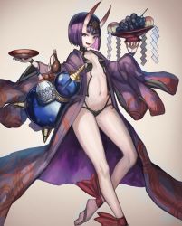 Rule 34 | 1girl, absurdres, alcohol, ankle ribbon, barefoot sandals (jewelry), bob cut, bottle, breasts, bridal gauntlets, cup, eyeliner, fang, fate/grand order, fate (series), food, fruit, fruit bowl, gourd, grapes, headpiece, highres, horns, japanese clothes, kimono, leg ribbon, legs, long sleeves, looking at viewer, makeup, navel, oni, open clothes, open kimono, open mouth, peach, purple eyes, purple hair, purple kimono, red ribbon, revealing clothes, ribbon, sakazuki, sake, short eyebrows, short hair, shuten douji (fate), skin-covered horns, small breasts, smile, suru (seiya), wide sleeves