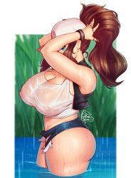 Rule 34 | 1girl, alternate breast size, arms up, ass, baseball cap, black vest, blue eyes, breasts, brown hair, cleavage, coffeeslice, creatures (company), curly hair, cutoffs, denim, denim shorts, game freak, hat, high ponytail, highres, hilda (pokemon), huge ass, huge breasts, long hair, looking at viewer, nintendo, partially submerged, pokemon, pokemon bw, rain, see-through, shiny skin, shirt, short shorts, shorts, sidelocks, sleeveless, sleeveless shirt, solo, standing, tank top, thick thighs, thighs, vest, wading, water, wet, wet clothes, wet shirt, white shirt, wide hips, wristband