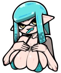 1girl :d bare_arms bare_shoulders bikini blue_bikini blue_hair blue_tongue breasts cleavage collarbone colored_tongue half-closed_eyes hands_on_own_chest hands_up inkling inkling_girl inkling_player_character large_breasts light_blue_hair long_hair micro_bikini name_omoitukan2 nintendo open_mouth pointy_ears shiny_skin simple_background smile solo splatoon_(series) swimsuit teeth tentacle_hair thick_lineart tongue tongue_out upper_body white_background yellow_eyes