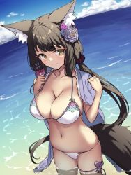 Rule 34 | 1girl, animal ear fluff, animal ears, bikini, black hair, blue archive, breasts, cape, caustics, clea (geee13), closed mouth, collarbone, day, flower, fox ears, fox girl, fox tail, hair flower, hair ornament, halo, halterneck, hands up, highres, large breasts, long hair, looking at viewer, low twintails, navel, ocean, outdoors, ryuinu, smile, solo, standing, stomach, strap gap, string bikini, swimsuit, tail, thighs, twintails, very long hair, wading, wakamo (blue archive), wakamo (swimsuit) (blue archive), water, white bikini, yellow eyes
