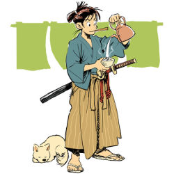 Rule 34 | 1boy, chopsticks, dog, food, hakama, hakama skirt, japanese clothes, katana, kettle, lowres, male focus, matsuda (matsukichi), mouth hold, puppy, samurai, sandals, sheath, sheathed, skirt, solo, sword, tea, weapon