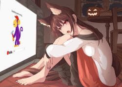 Rule 34 | 1girl, :o, animal ear fluff, animal ears, bare shoulders, barefoot, basket, blush, breast press, breasts, brown hair, commentary request, cup, dress, extra ears, fangs, feet, fingernails, halloween, hugging own legs, imaizumi kagerou, jack-o&#039;-lantern, kagami toufu, large breasts, long fingernails, long hair, mug, nail polish, off-shoulder dress, off shoulder, open mouth, pot, red eyes, red nails, sharp fingernails, sharp toenails, sidelocks, sitting, solo, table, tail, toenail polish, toenails, toes, touhou, window, wolf ears, wolf tail, youtube, youtube logo