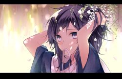Rule 34 | 10s, 1boy, adjusting hair, arms up, bad id, bad pixiv id, black hair, blue eyes, face, flower, hair flower, hair ornament, hakuanobun, high ponytail, japanese clothes, letterboxed, long hair, male focus, mouth hold, petals, ponytail, ribbon, ribbon in mouth, scarf, shade, shinsengumi, solo, swept bangs, touken ranbu, tying hair, white ribbon, white scarf, yamato-no-kami yasusada