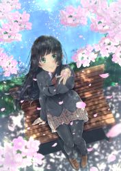 Rule 34 | 1girl, bad id, bad pixiv id, black hair, black pantyhose, blazer, brown footwear, cherry blossoms, dappled sunlight, day, flying witch, from above, full body, grass, green eyes, hand up, haru (we are wind), highres, jacket, kowata makoto, outdoors, pantyhose, red neckwear, school uniform, sitting, skirt, solo, sunlight
