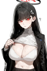 Rule 34 | 1girl, ?, black hair, black halo, black jacket, blue archive, bra, breasts, cleavage, clothes lift, hair ornament, hairclip, halo, highres, jacket, large breasts, lifting own clothes, long hair, looking at viewer, navel, red eyes, rio (blue archive), semu (zgom1251129), simple background, solo, stomach, sweat, sweatdrop, sweater, sweater lift, turtleneck, turtleneck sweater, underwear, very long hair, white background, white bra, white sweater