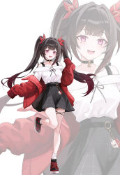 1girl alternate_costume black_footwear black_skirt casual facial_mark full_body hand_up highres honkai:_star_rail honkai_(series) jacket kottungyang long_hair long_sleeves looking_at_viewer off-shoulder_shirt off_shoulder open_clothes open_jacket open_mouth pink_eyes red_jacket shirt shoes skirt smile socks sparkle_(honkai:_star_rail) standing standing_on_one_leg teeth twintails upper_teeth_only white_background white_shirt white_socks zoom_layer