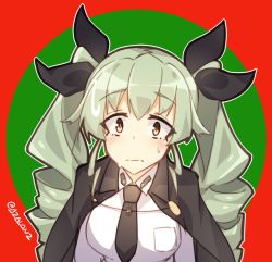 Rule 34 | 10s, 1girl, anchovy (girls und panzer), black bow, black jacket, black necktie, blush, bow, breast pocket, breasts, brown eyes, closed mouth, collared shirt, commentary, drill hair, frown, girls und panzer, grey hair, hair bow, jacket, jacket on shoulders, large breasts, long hair, long sleeves, looking at viewer, necktie, pocket, sanpaku, shirt, solo, sweatdrop, tilt-shift (azalanz), twin drills, twitter username, two-tone background, white shirt