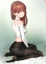 Rule 34 | 1girl, artist name, bare shoulders, bed sheet, black pantyhose, blush, breasts, brown eyes, brown hair, closed mouth, clothing cutout, crop top, crotch seam, earrings, eyebrows, feet, full body, highres, japanese clothes, jewelry, long hair, long sleeves, looking at viewer, looking to the side, midriff, original, panties, panties under pantyhose, pantyhose, red hair, see-through, shirt, shoulder cutout, sitting, small breasts, smile, soles, solo, stud earrings, tsurime, underwear, wariza, white panties, white shirt, yd (orange maru)