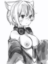 Rule 34 | 1girl, :&lt;, animal ears, bad id, bad twitter id, breasts, cat ears, closed mouth, ears down, from side, greyscale, headphones, headphones around neck, highres, jacket, large breasts, monochrome, nanashi (nlo), nipples, no bra, nude, off-shoulder jacket, off shoulder, open clothes, open jacket, short hair, simple background, solo, tsumugine rei, upper body, virtual youtuber, white background, zero project
