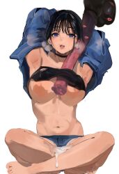 Rule 34 | 1boy, 1girl, absurdres, animal penis, armpits, arms up, bestiality, black choker, black hair, black jacket, black shirt, blue eyes, blue jacket, breasts, breasts out, choker, clothes lift, cum, cum on body, cum on legs, cum on lower body, denim, denim jacket, dot nose, full body, groin, heart, heart-shaped pupils, hetero, highres, horse, horse penis, indian style, jacket, kiss mark on penis, large areolae, large breasts, looking at viewer, mamimi (mamamimi), navel, nipples, open mouth, original, penis, shirt, short hair, short shorts, shorts, simple background, sitting, solo focus, strapless, symbol-shaped pupils, tareme, toenails, tube top, uncensored, white background
