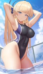Rule 34 | 1girl, armpits, arms behind head, blonde hair, blue archive, blue eyes, breasts, covered navel, highres, large breasts, legs, long hair, looking at viewer, one-piece swimsuit, pool, solo, swimsuit, thick thighs, thighs, toki (blue archive), very long hair, water, wet, yasojima nejiro
