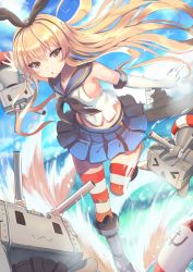 Rule 34 | 10s, 1girl, bad id, bad pixiv id, blonde hair, brown eyes, elbow gloves, gloves, hairband, innertube, kantai collection, long hair, miya (tokumei), rensouhou-chan, shimakaze (kancolle), striped clothes, striped thighhighs, swim ring, thighhighs, water