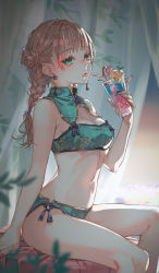 Rule 34 | 1girl, absurdres, ao+beni, arm support, bare arms, bare legs, bare shoulders, bikini, blurry, blurry foreground, braid, breasts, chinese clothes, cleavage, cleavage cutout, clothing cutout, commentary request, crazy straw, cup, curtains, depth of field, drink, drinking straw, flower knot, food, from side, fruit, gold trim, green bikini, green eyes, hair bun, hand up, highres, holding, holding cup, holding drink, lemon, lemon slice, light brown hair, lips, long hair, looking afar, medium breasts, nail polish, navel, original, parted lips, red nails, sitting, solo, stomach, swimsuit, tassel, thighs, tropical drink, twitter username