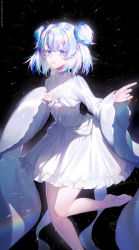 Rule 34 | 1other, absurdres, androgynous, black background, blue eyes, blue hair, commentary request, crystal hair, diamond (houseki no kuni), dress, frilled dress, frilled skirt, frilled sleeves, frills, highres, houseki no kuni, light particles, long sleeves, looking at viewer, medium hair, multicolored hair, open mouth, rainbow hair, simple background, skirt, smile, solo, two side up, white dress, wide sleeves, wyc zz
