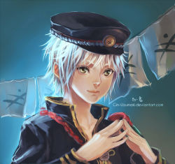 Rule 34 | 10s, 1boy, aiguillette, black jacket, eyelashes, green eyes, hat, hotarumaru, jacket, kyouran de onikoushi, lips, long sleeves, looking at viewer, male focus, own hands together, peaked cap, popped collar, realistic, silver hair, smile, solo, steepled fingers, string of flags, touken ranbu, upper body, watermark, web address