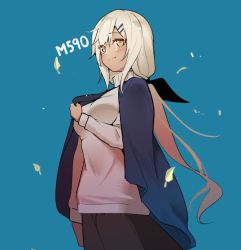 Rule 34 | 1girl, black skirt, blonde hair, blue background, blue sweater vest, blush, breasts, character name, closed mouth, commentary request, cowboy shot, girls&#039; frontline, hair between eyes, hair ornament, hairclip, leaf, long hair, long sleeves, m590 (girls&#039; frontline), medium breasts, orange eyes, skirt, smile, solo, standing, sweater, sweater vest, warashi, white sweater