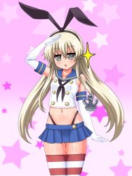 Rule 34 | 1girl, anchor hair ornament, black hairband, black neckerchief, black panties, blonde hair, blue sailor collar, blue skirt, cowboy shot, crop top, elbow gloves, gloves, gradient background, grey eyes, hair between eyes, hair ornament, hairband, highleg, highleg panties, kantai collection, long hair, looking at viewer, microskirt, miniskirt, neckerchief, panties, pink background, pleated skirt, sailor collar, salute, shimakaze (kancolle), skirt, solo, standing, star (symbol), starry background, striped clothes, striped thighhighs, thighhighs, underwear, white gloves, yaeba