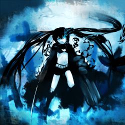 Rule 34 | 10s, 1girl, arm cannon, bad id, bad pixiv id, belt, bikini, bikini top only, black hair, black rock shooter, black rock shooter (character), blue eyes, blue theme, boots, coat, cross, flat chest, front-tie top, gloves, glowing, glowing eye, glowing eyes, gun, hatsune miku, hood, hooded jacket, jacket, katana, knee boots, latin cross, long hair, midriff, monochrome, navel, pale skin, short shorts, shorts, solo, soubi, staring, swimsuit, sword, twintails, uneven twintails, very long hair, vocaloid, weapon