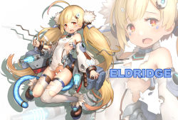 Rule 34 | 1girl, azur lane, bare shoulders, blonde hair, bracelet, breasts, brown footwear, cannon, character name, covered navel, detached sleeves, dress, eldridge (azur lane), hair ornament, hairpin, highres, holding, jewelry, kakinomai, long hair, looking at viewer, no panties, no pants, red eyes, shoes, simple background, small breasts, solo, thighhighs, torn clothes, torn thighhighs, twintails, very long hair, white background, white dress, white thighhighs, zoom layer