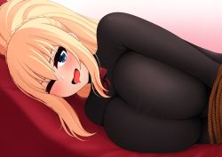 Rule 34 | 1girl, black bodysuit, blonde hair, blue eyes, blush, bodysuit, bound, braid, breasts, commentary, darkness (konosuba), drooling, english commentary, eyebrows hidden by hair, gradient background, hair between eyes, high ponytail, highres, huge breasts, impossible bodysuit, impossible clothes, kono subarashii sekai ni shukufuku wo!, lying, on side, one eye closed, pink background, rope, solo, the only shoe, upper body, white background