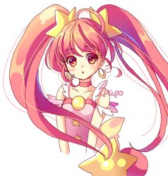 Rule 34 | 1girl, :o, ahoge, artist name, bare shoulders, blunt bangs, choker, collarbone, cropped torso, cure star, earrings, hair ornament, hoop earrings, hoshina hikaru, jewelry, long hair, looking at viewer, magical girl, open mouth, pink eyes, pink hair, precure, signature, simple background, sketch, solo, star (symbol), star hair ornament, star in eye, star print, star twinkle precure, symbol in eye, twintails, white background, yupo (yupo4069)