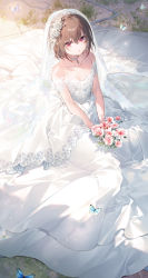 Rule 34 | 1girl, bare shoulders, breasts, brown hair, bug, butterfly, dress, flower, highres, holding, holding flower, insect, jewelry, looking at viewer, necklace, novel illustration, off-shoulder dress, off shoulder, official art, open mouth, red eyes, seiken gakuin no maken tsukai, shary corvette, short hair, sitting, small breasts, toosaka asagi, wedding dress, white dress